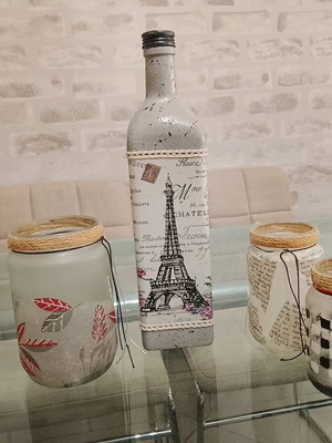 Handmade decorative set with bottle and three jars, new