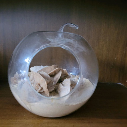 Desert rose used with agate and amethyst in glass bowl
