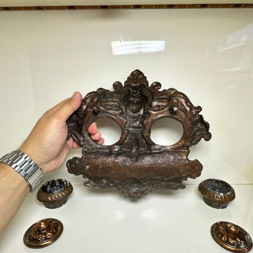 Victorian Baroque style double inkwell, brass with copper plating