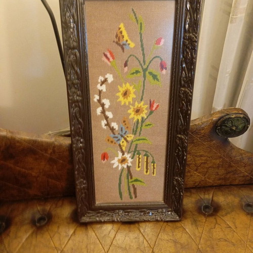 Handmade vintage gobelin embroidered textile painting with wildflowers 54×25.5 like new