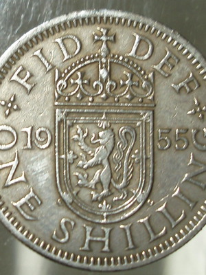 1 Shilling 1955 coin used, Elizabeth II Scottish shield