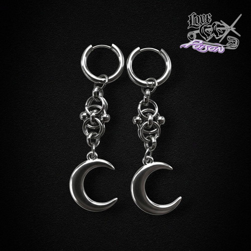Love X Poison Handmade Stainless Steel Chainmail Hoop Earrings with Moon Charms new