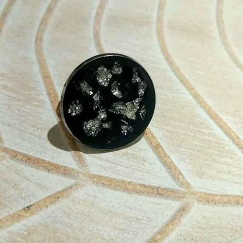 Handmade large adjustable steel ring with black resin and silver flakes