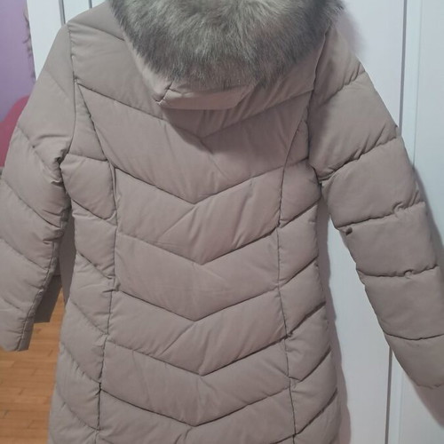 Quilted jacket with hood and fur trim like new, beige taupe
