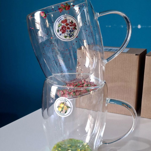 Double-Walled Glass Cups with Glitter Strawberries and Lemons, 320 ml, set of 2