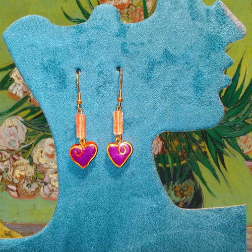 Handmade earrings with pink nephrite gemstone and clay heart