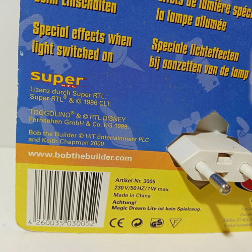Bob the Builder Magic Night Light European Power 230V-50Hz New