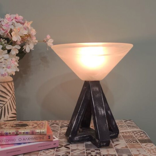 Handmade wooden table lamp with aging technique and bulb