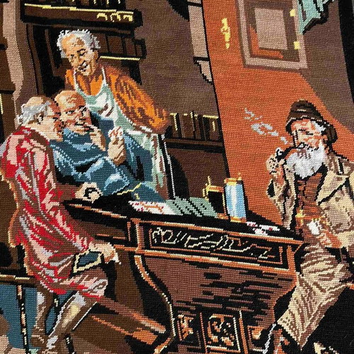 Handmade embroidery scene in tavern with card players like new