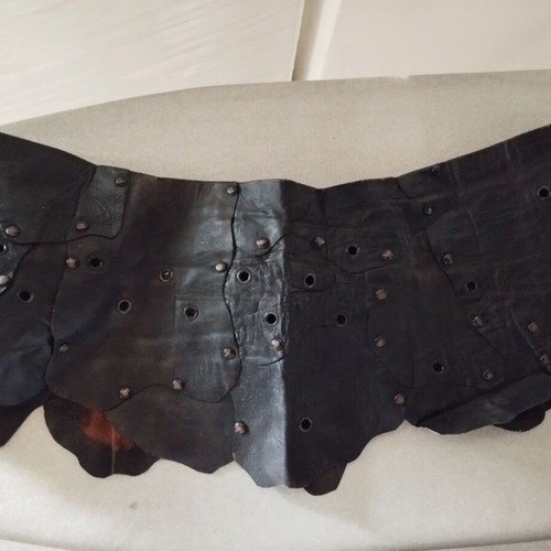 Handmade leather belt with Medusa buckle like new, adjustable, black and silver
