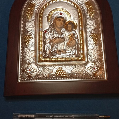 Silver Icon of Virgin Mary and Christ New, 925 Sterling on Wood