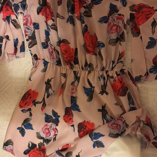 Floral Romper Off-the-Shoulder refurbished, red and pink roses