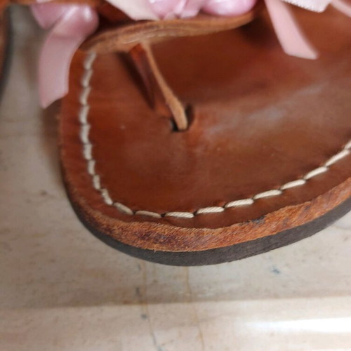 Leather sandals used, Greek made, size 40, pink with beads and ribbons