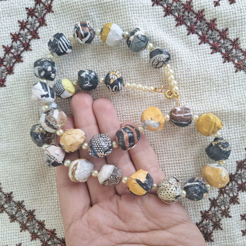 Papier-mâché necklace handmade made to order, yellow and black and white
