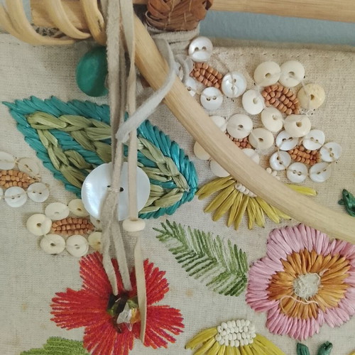 Handbag with embroidery used, bamboo handles, linen and cotton fabric