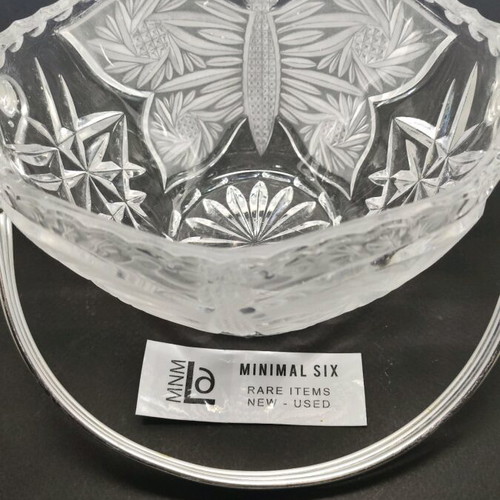 Crystal bowl for sweets like new with handle and butterflies 70s 80s