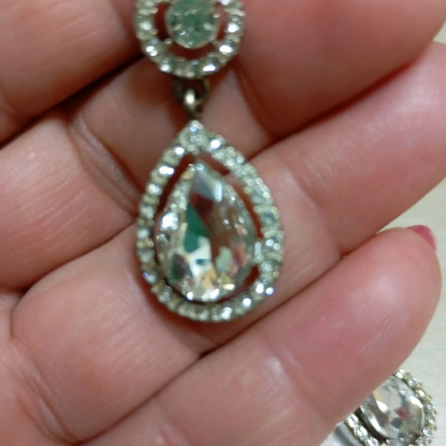 Earrings with rhinestones teardrop shape like new, silver