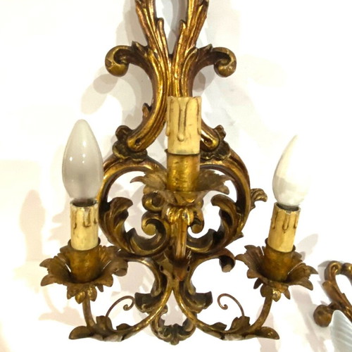Pair of 2 French wall sconces used, gilded wood and iron