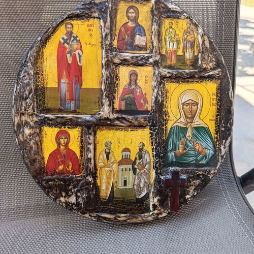 Religious icon composition on wood 24x22 cm