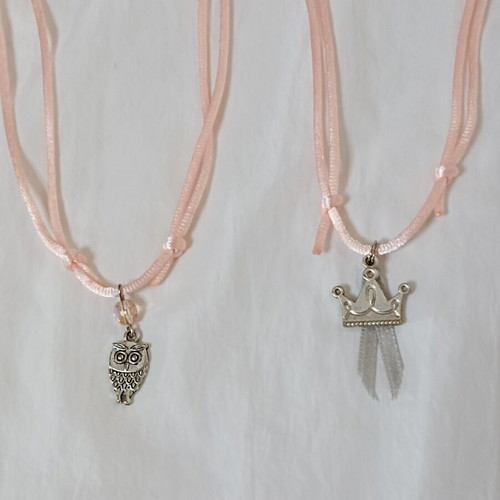 Set of 2 adjustable pink necklaces with silver owl and crown charms