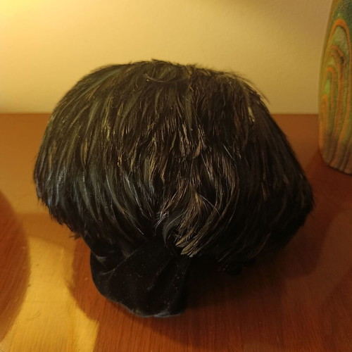 60s vintage feather turban hat used, black, size L