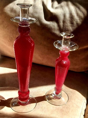 Candlesticks like new hand-blown glass with ribbed swirl design