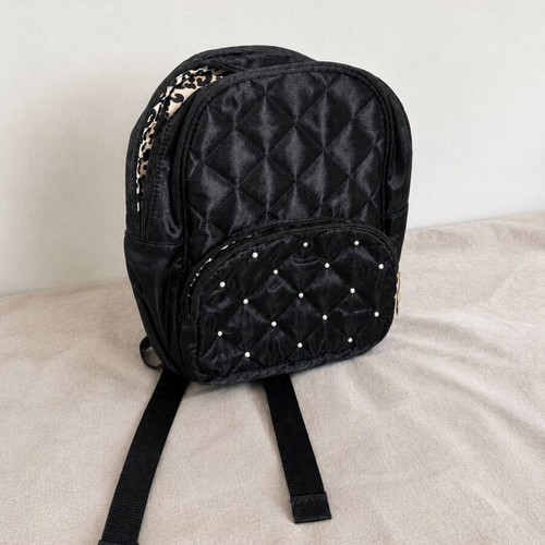 Claire's Mini Backpack Black Quilted Satin with Animal Print Lining Like New
