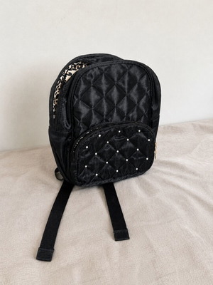 Claire's Mini Backpack Black Quilted Satin with Animal Print Lining Like New