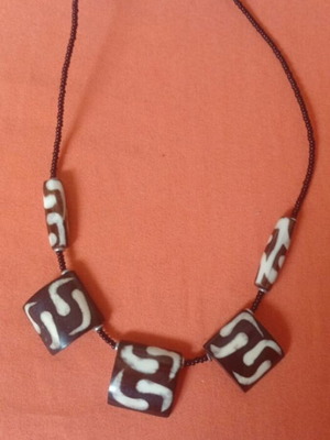 Handmade vintage African necklace with batik zebra motifs and Maasai beads