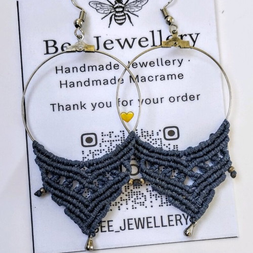 Handmade macrame earrings blue with silver hoops, new