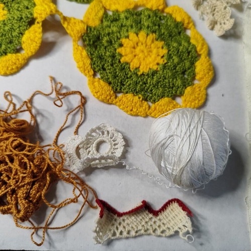 Vintage knitted crafts and embroidery used, assorted pieces