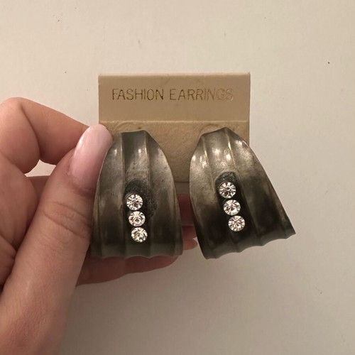 Vintage earrings with rhinestones semicircle used, gray