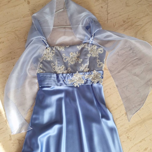 Satin evening dress with straps, lace bust and shawl, new, blue