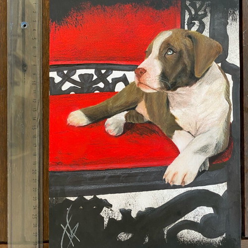 Pitbull Puppie painting on A4 paper with acrylics and pencils