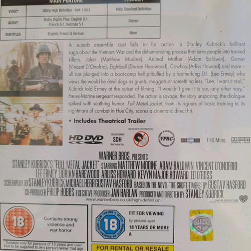 Full Metal Jacket HD DVD used with English language and subtitles