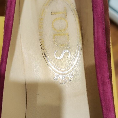Tod's suede kitten heel loafers, brown and fuchsia, size 39