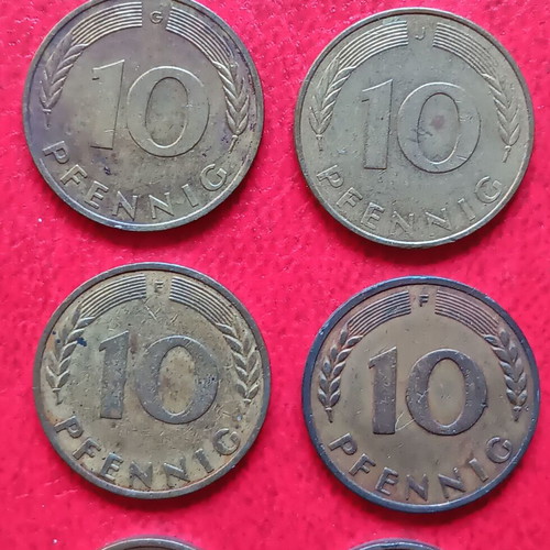 Lot of 10 coins of 1 mark and 10, 5 and 1 pfennig of Germany