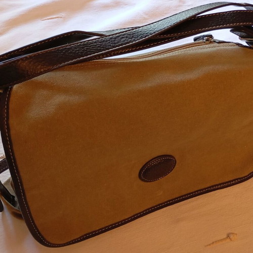 Women's crossbody bag like new, khaki fabric with brown leather straps