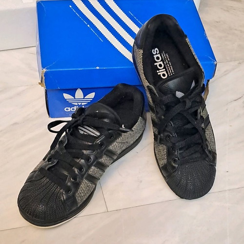 Adidas Superstar sneakers used, black with herringbone fabric