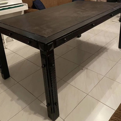 Desk with metal frame and wooden surface, handmade forged iron