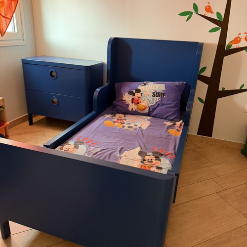 IKEA BUSUNGE children's bedroom set with bed, chest, and NATTSMYG mattress like new