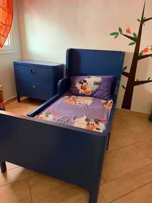 IKEA BUSUNGE children's bedroom set with bed, chest, and NATTSMYG mattress like new