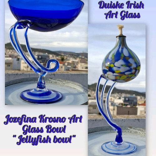 Jozefina Krosno Art Glass Bowl "Jellyfish bowl" and Duiske Irish Art Glass oil lamp like new