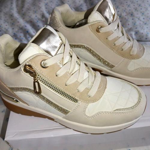 Sneakers flatform with heel beige/white and gold glitter new