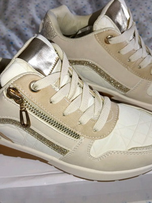Sneakers flatform with heel beige/white and gold glitter new