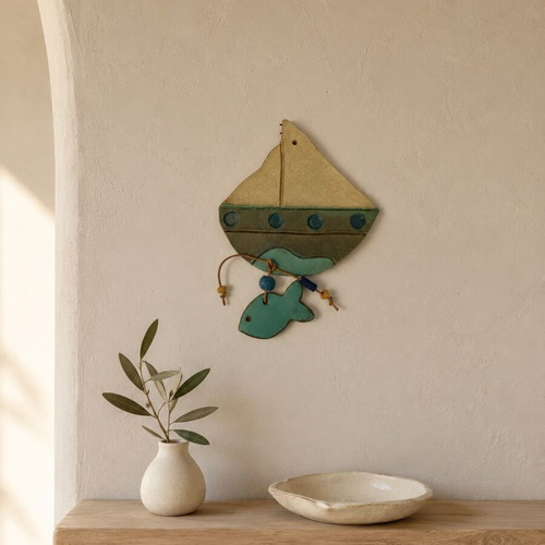 Ceramic hanging boat with fish wall decor
