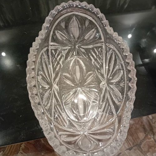 Crystal centerpiece bowl vintage with carved designs and scalloped edge