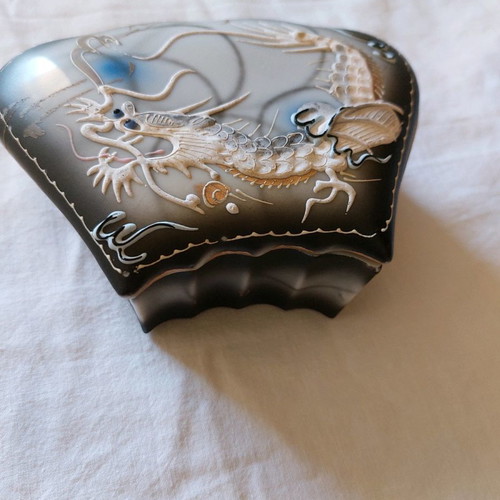 Japanese dynasty fondant dish with dragon in gray colors used 14×5 cm