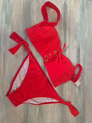 Bikini red new, size 42 with tie-up top and ribbon slip