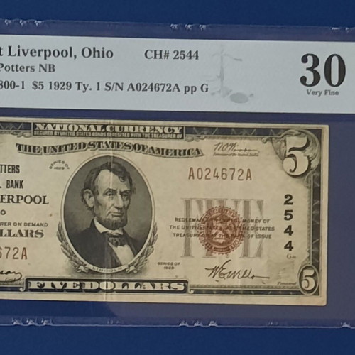 5 Dollars 1929 East Liverpool Ohio used, PMG 30